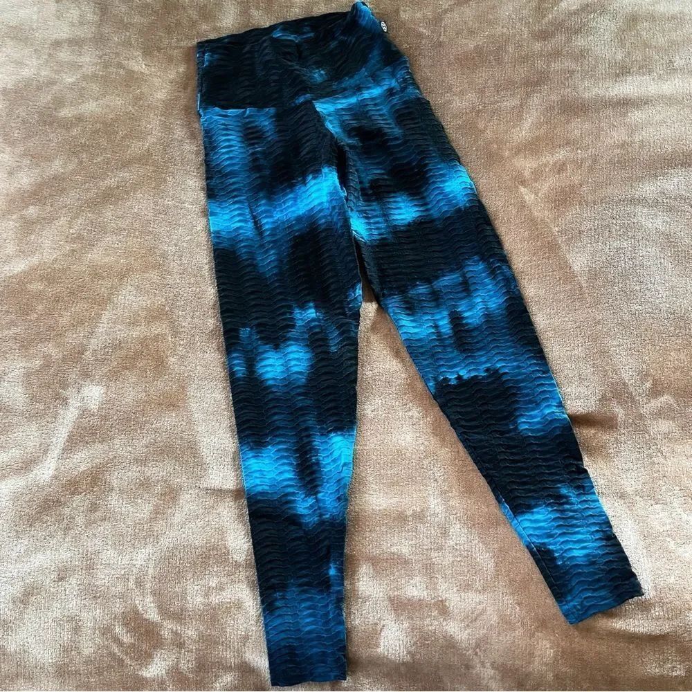 Girls Blue and Black Tie-Dye Leggings Size 10-12 Athletic Textured High Waist